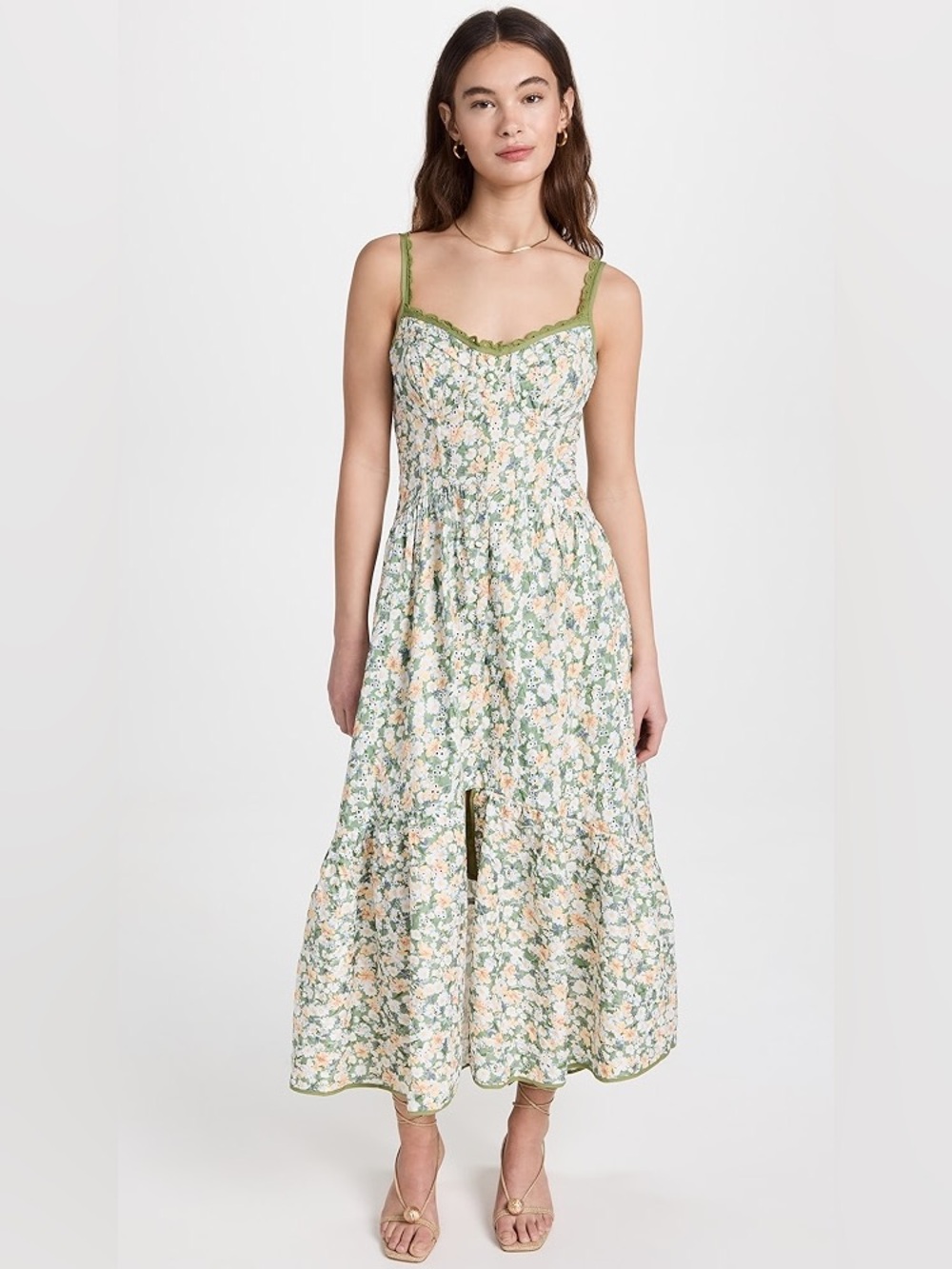 NWT ASTR the Label Yamila Green and Yellow Floral Eyelet Midi Dress